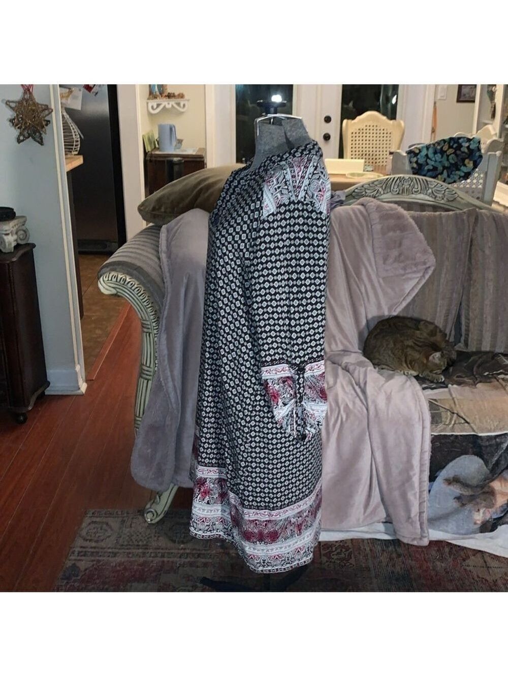 Lily Morgan black white pink patterned tunic style dress v neck XL - Picture 2 of 12
